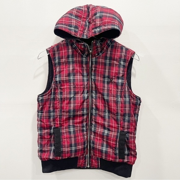 Hurley Red Plaid Puffer Vest Jacket Hooded Ribbed Knit Trim Women’s Large - Picture 1 of 10